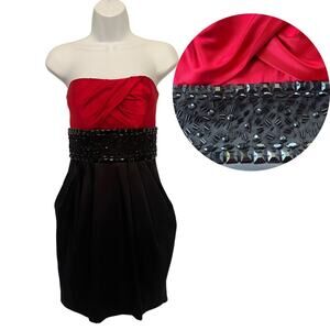 B.Darlin Strapless Dress Sz 7/8 Satiny Red Black Beaded Holiday Fairy Grunge
